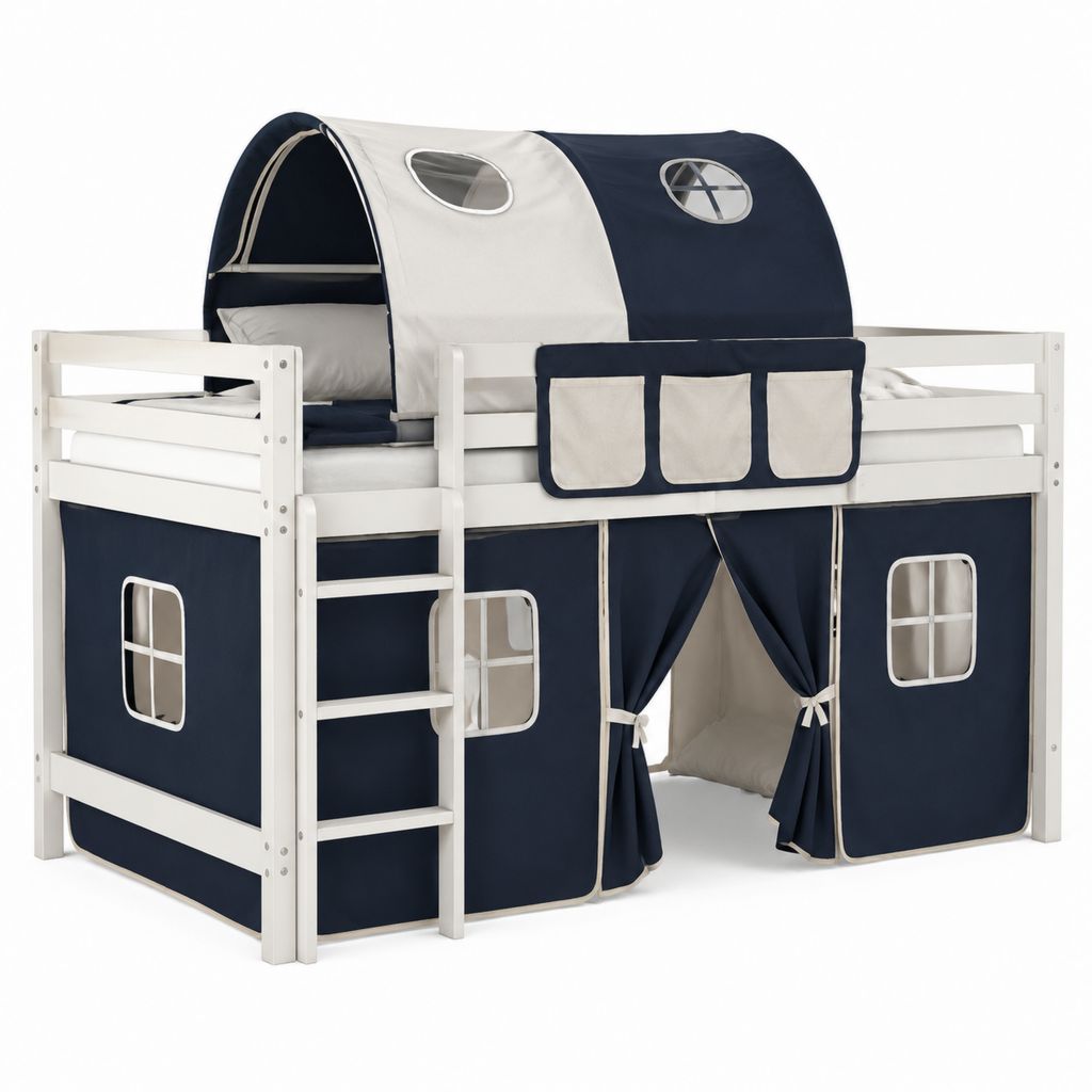 Letto a soppalco per bambini con tenda blu e bianca in pino massello 90 x 200 cm 208 x 98 x 185 cm