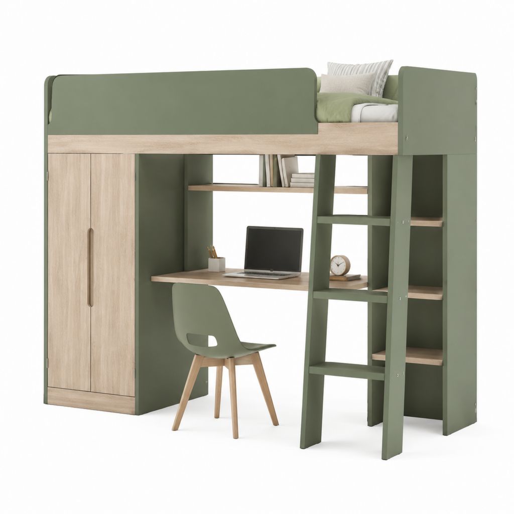 Letto a soppalco singolo verde e rovere con scrivania armadio scaffali e scala in pannelli di truciolare 90 x 200 cm