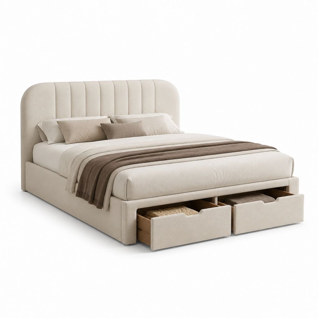 Letto contenitore matrimoniale beige in poliestere con 2 cassetti 160 x 200 cm