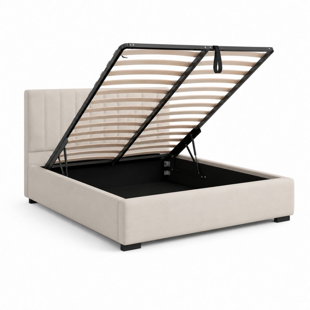 Letto contenitore matrimoniale beige in poliestere con rete a doghe e sollevamento 160 x 200 cm