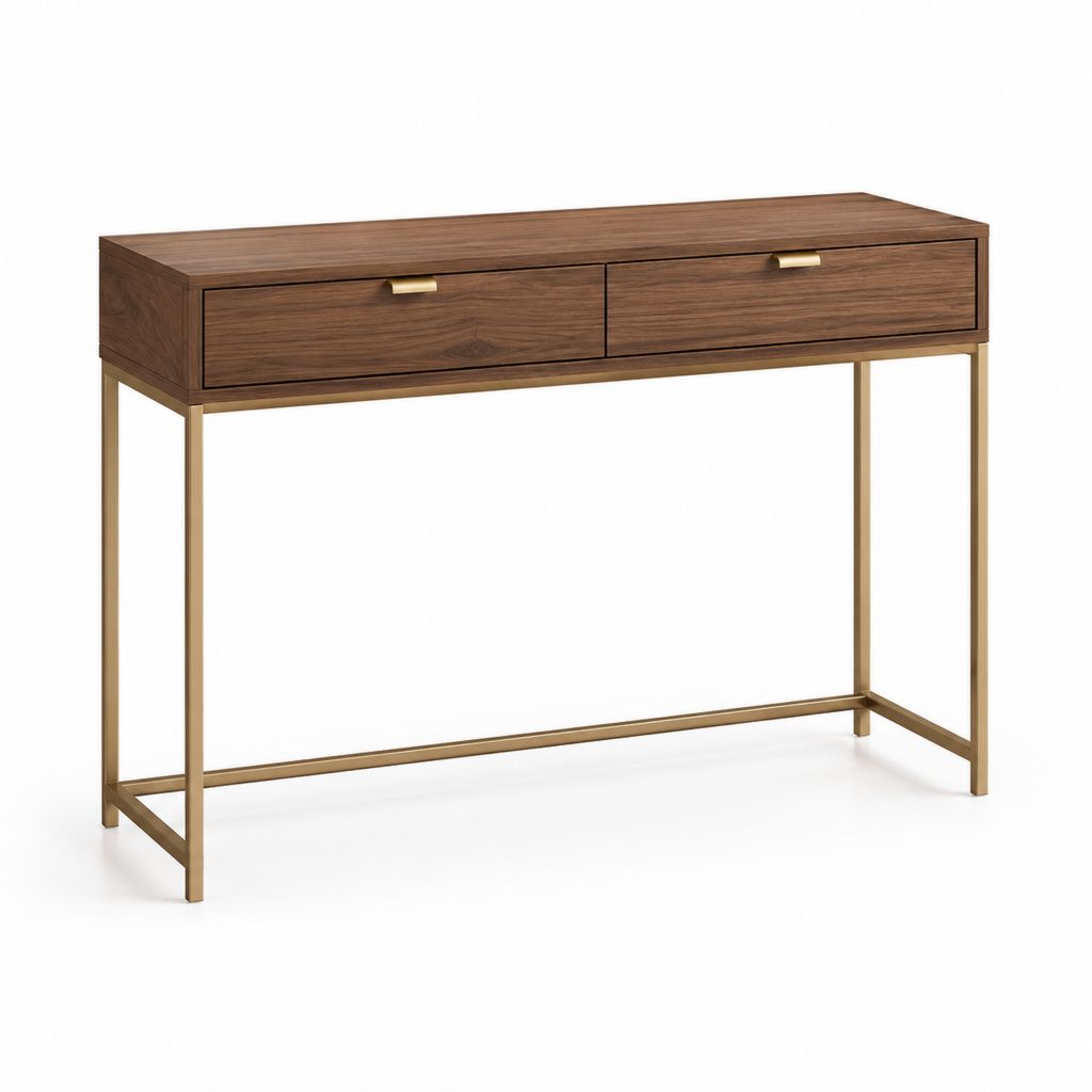 Consolle da ingresso rettangolare noce e acciaio dorato con 2 cassetti 120 x 80 x 40 cm