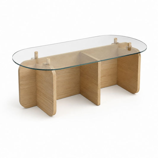 Tavolino da caffè ovale rovere e vetro trasparente 120 x 60 x 40 cm