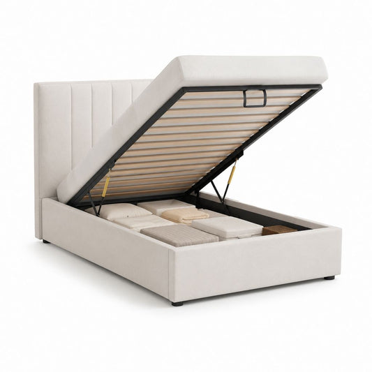 Letto contenitore matrimoniale beige in poliestere con rete sollevabile 160 x 200 cm