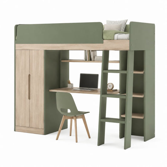 Letto a soppalco singolo verde e rovere con scrivania armadio scaffali e scala in pannelli di truciolare 90 x 200 cm