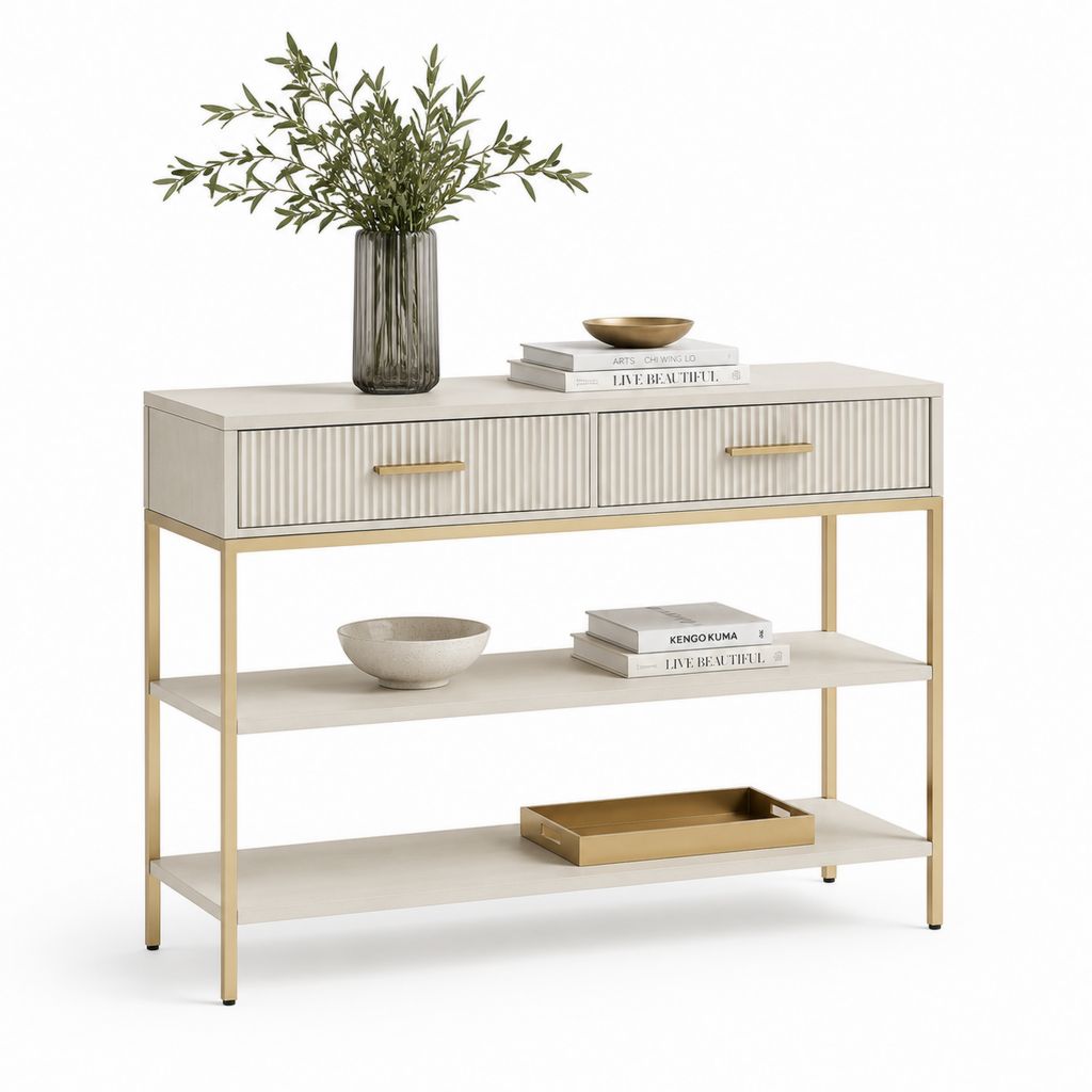 Consolle da ingresso con 2 cassetti e 2 ripiani bianco avorio e oro in MDF e acciaio 120 x 40 x 85 cm