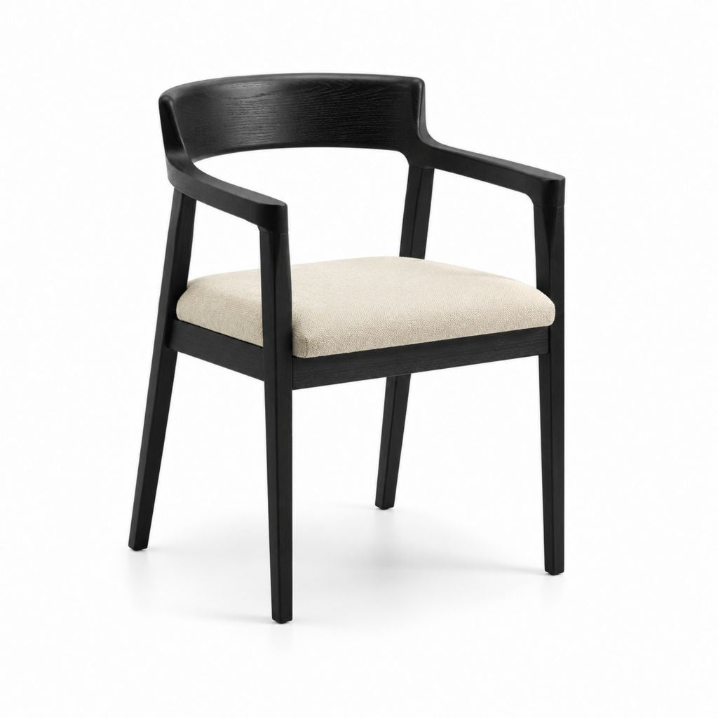 Sedia da pranzo con braccioli nera in legno massello e poliestere con seduta rettangolare 56 x 55 x 78 cm