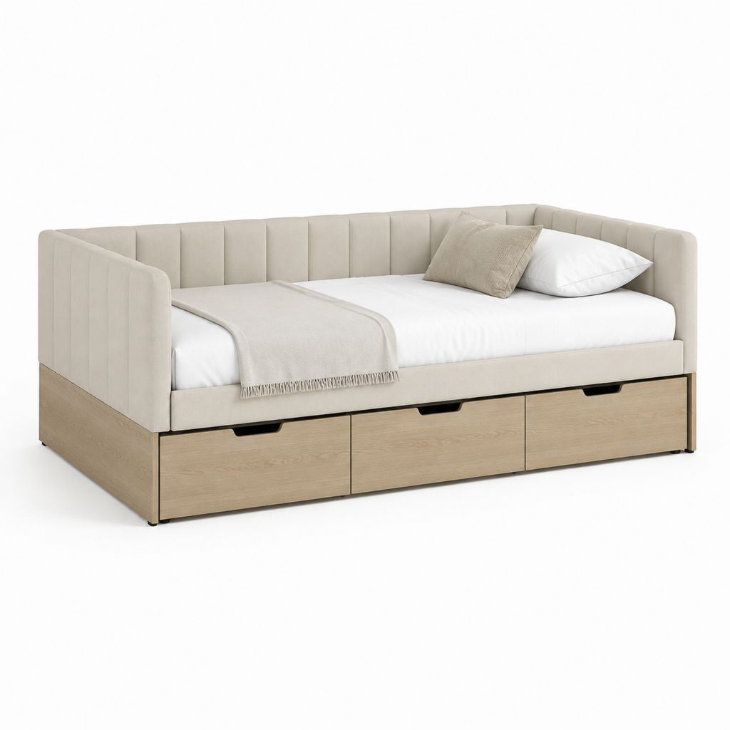 Letto singolo contenitore beige e rovere con rivestimento in poliestere 90 x 200 cm