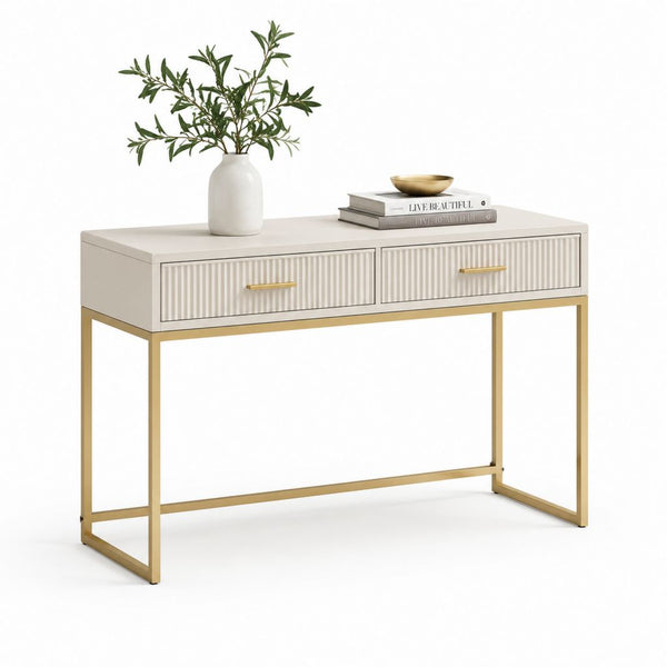 Consolle da ingresso bianca e oro in MDF e acciaio con 2 cassetti 120 x 40 x 80 cm
