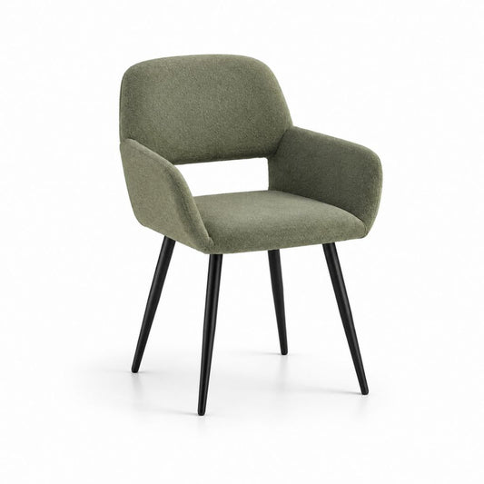 Sedia da pranzo con braccioli verde oliva in poliestere bouclé e acciaio 58 x 60 x 82 cm