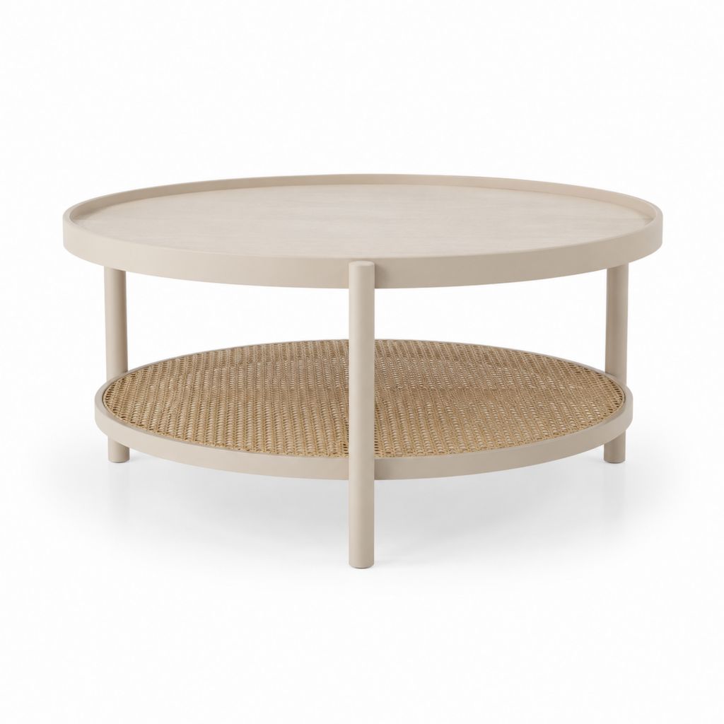 Tavolino da caffè rotondo beige in legno massello e rattan Ø80 x H45 cm