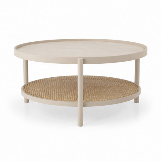 Tavolino da caffè rotondo beige in legno massello e rattan Ø80 x H45 cm